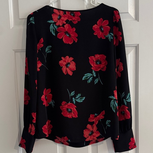 Express Black Long-Sleeve Top with Red Floral Print - Picture 3 of 4